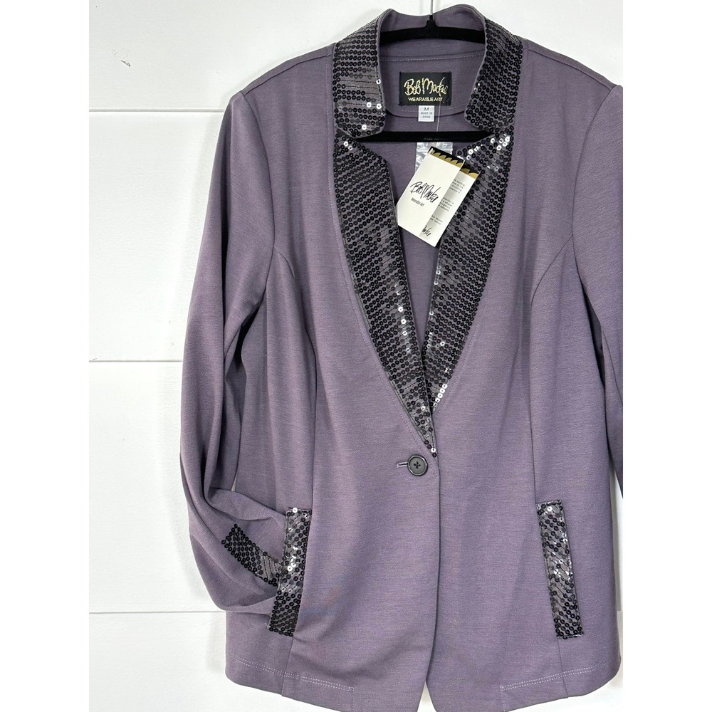 Bob Mackie Wearable Art QVC purple knit blazer‎ black sequins womens M NWT - Picture 3 of 10